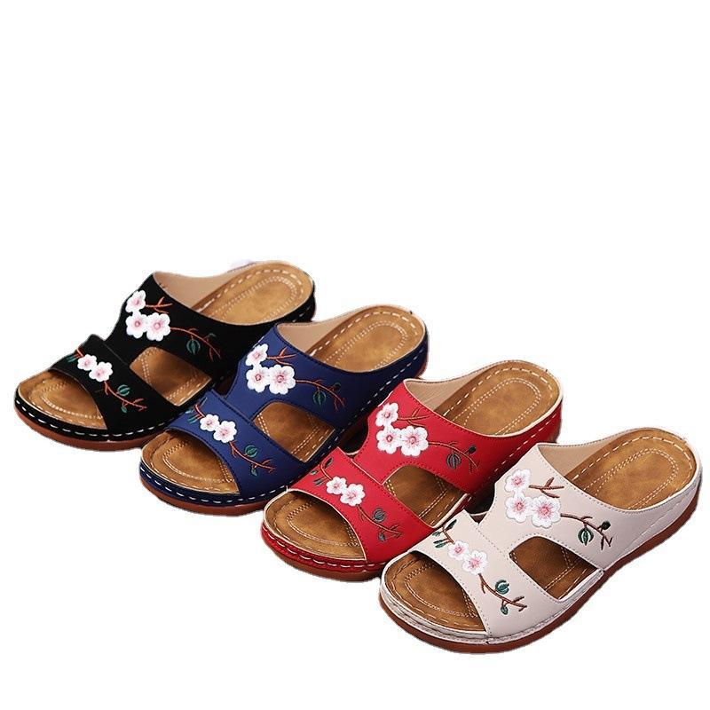 Premium Flower Embroidered Arch Support Anti-Slip Wedges Sandal