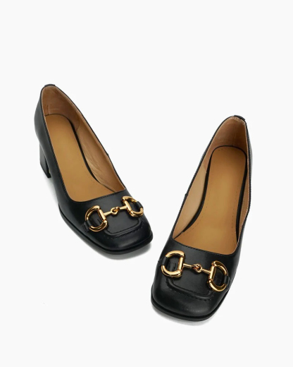 Classic Metal Buckle Thick Heel Shallow Mouth Loafers