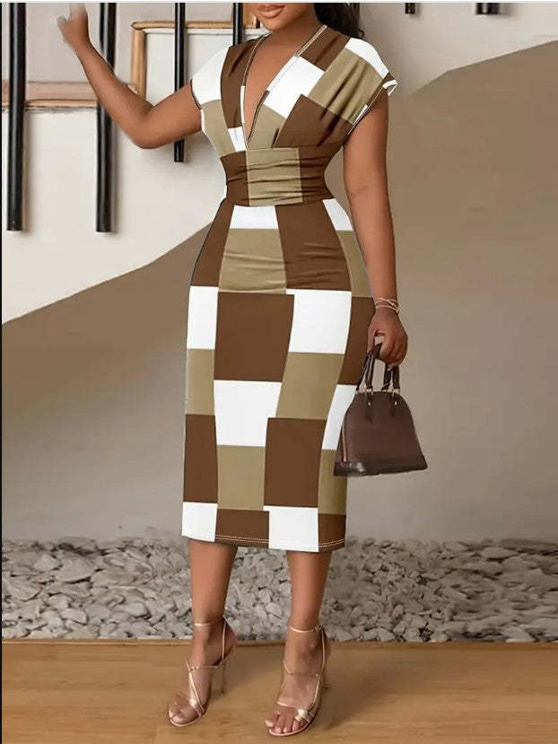Checkered V-neck Midi Dress