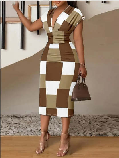 Checkered V-neck Midi Dress
