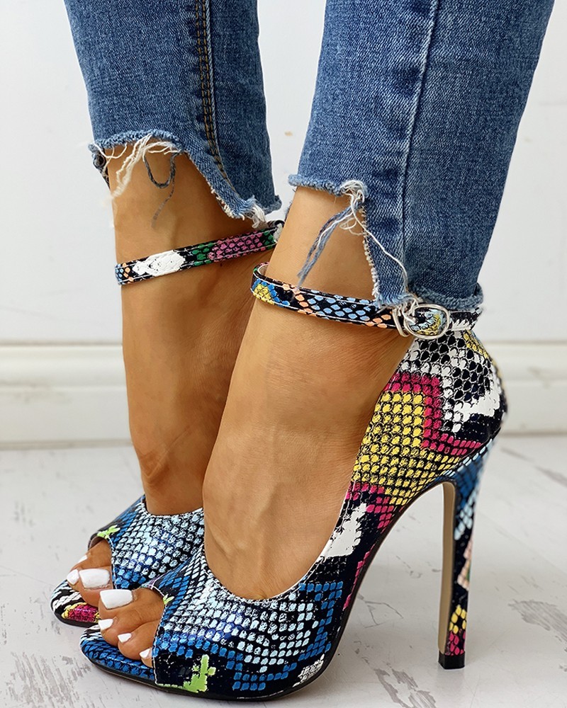 Peep Toe Colours Snakeskin Print Thin Heels