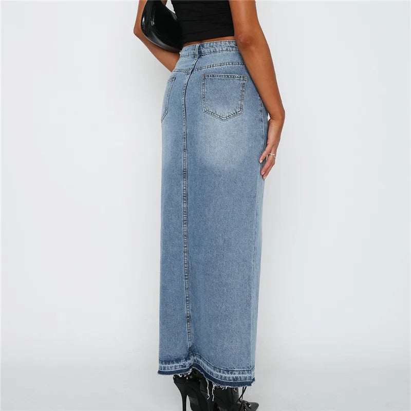 Slit-Front Denim Maxi Skirt