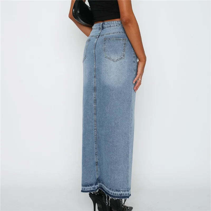 Slit-Front Denim Maxi Skirt