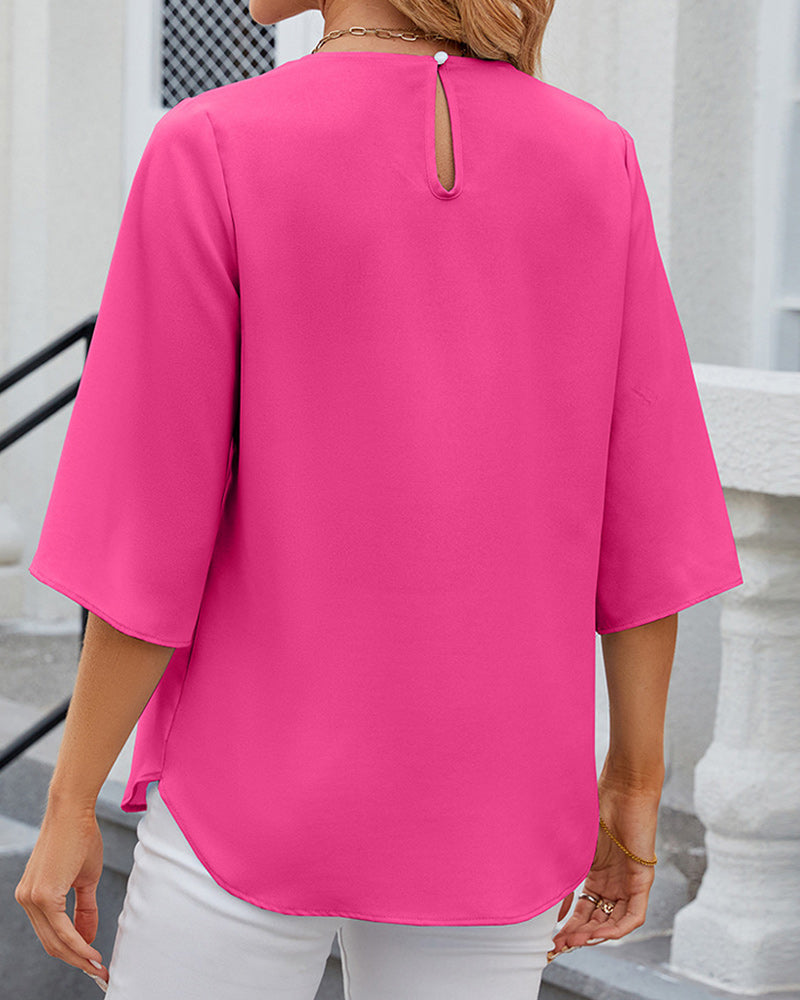 Pleated Neckline Half-Sleeve Blouse