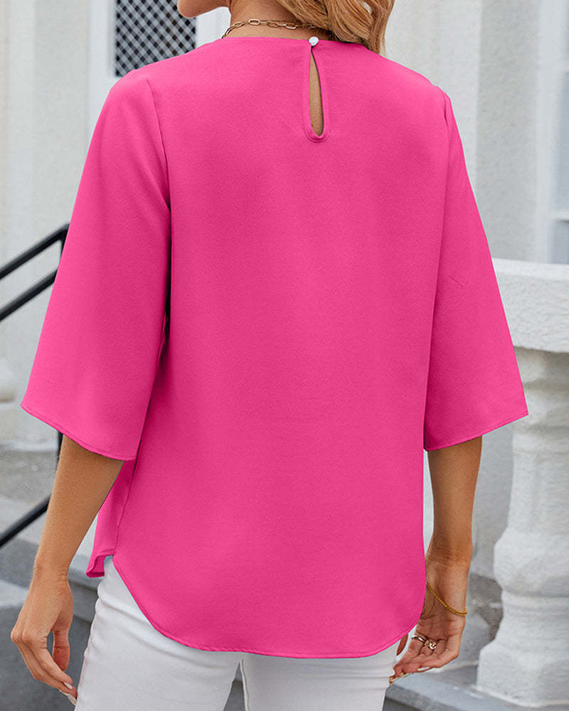 Pleated Neckline Half-Sleeve Blouse
