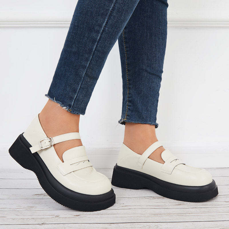 Round Toe Platform Mary Jane Loafers Buckle Strap Uniform Shoes