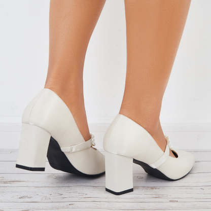 Pearl Mary Jane Pumps Chunky Heels Bowknot Closed Toe Dress Shoes