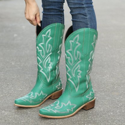 Women‘s Flower Embroidery Mid Calf Cowboy Boots Embroidery