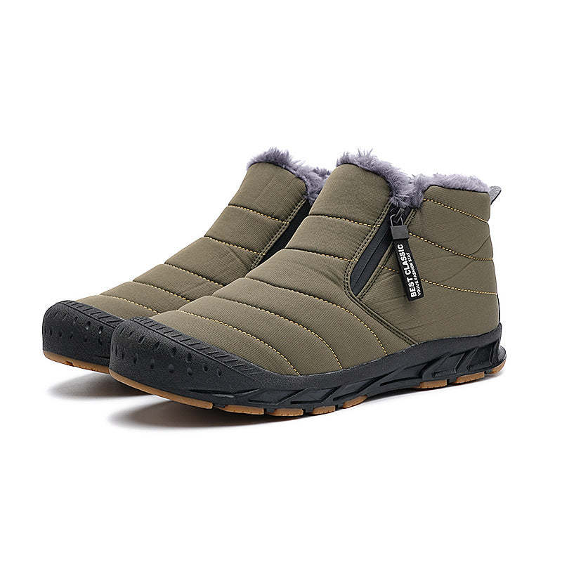 Warm Lined Snow Boots Zip Short Shaft Boots Flat Outdoor Comfortable Non-slip & Waterproof Winter Barefoot Shoe (Unisex)
