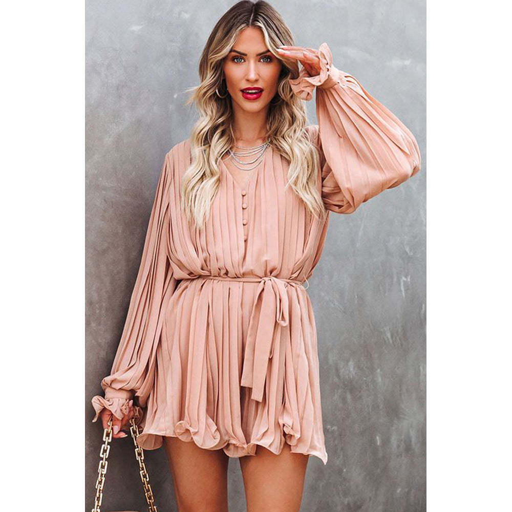 Lace-Up V-Neck Ruffle Dress