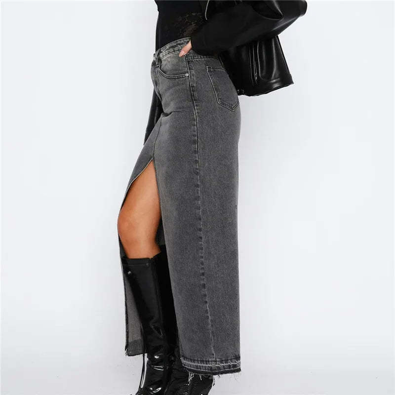 Slit-Front Denim Maxi Skirt