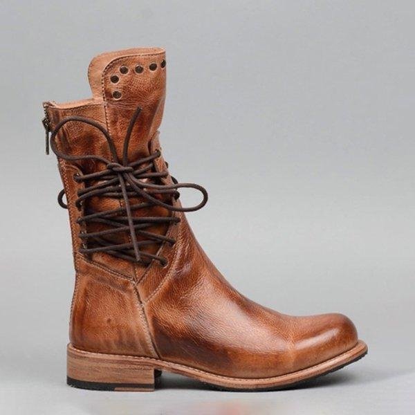 Cool Vintage Back Zipper Lace-Up Mid-calf Boots