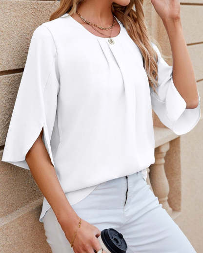 Pleated Neckline Half-Sleeve Blouse