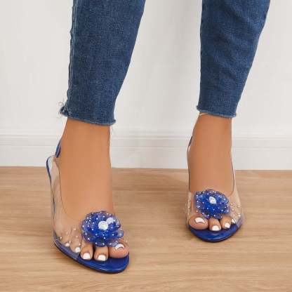 Women's Clear Flower Rhinestone Sparkly Slingback Heels Wedge Sandals