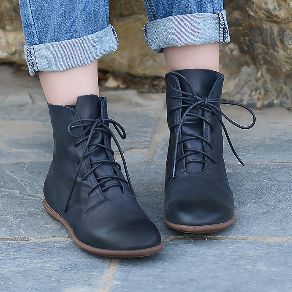 Oxfords For Women Lace Up Flat Sole Ankle Boots Handmade Waxing Leather Martin Boots Black/Brown