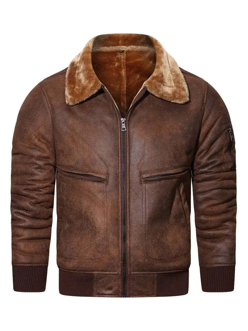 Vegan Leather Jacket with Shearling Collar
