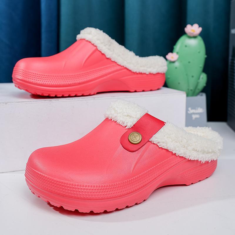 Plush Winter Slippers Women Heel Support Waterproof Slides