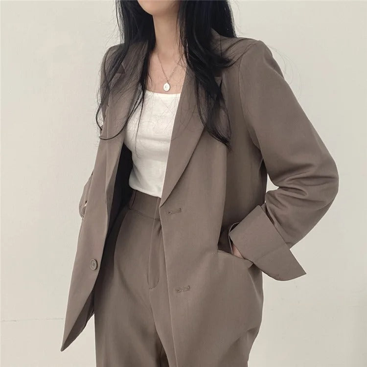 Plain Blazer and Straight Fit Pants Set
