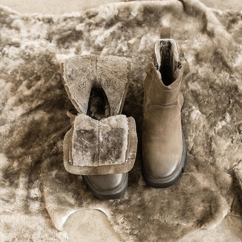 Waxing Leather Chelsea Boots Handmade British Boots Double Zip Fleece Lined Snow Boots