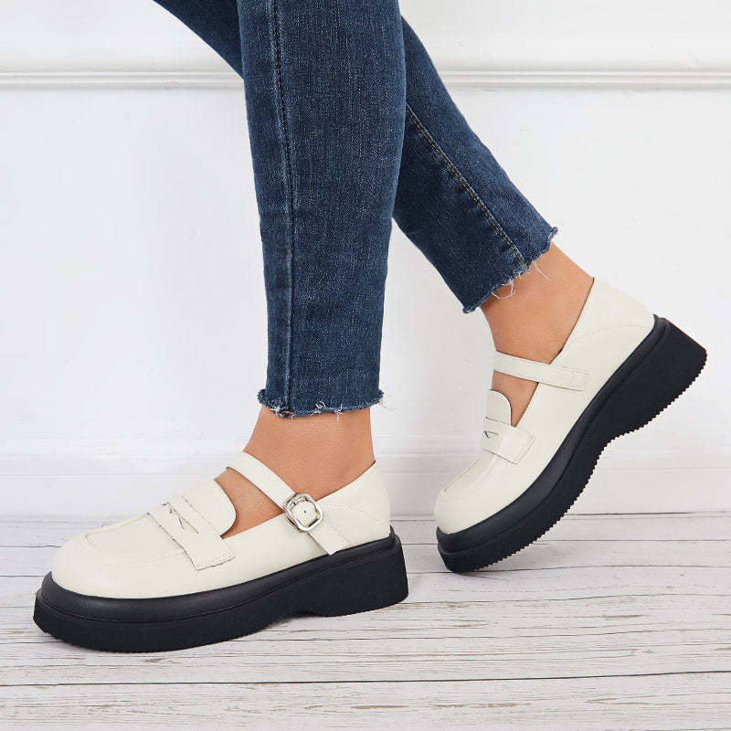 Round Toe Platform Mary Jane Loafers Buckle Strap Uniform Shoes