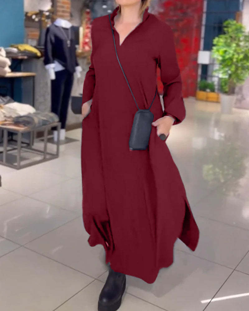 Loose Long Dress with Side Slit Lapel