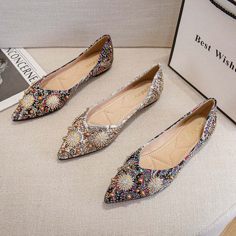 Flats For Women Fashion Print Luxury Shallow Ponted Shoes