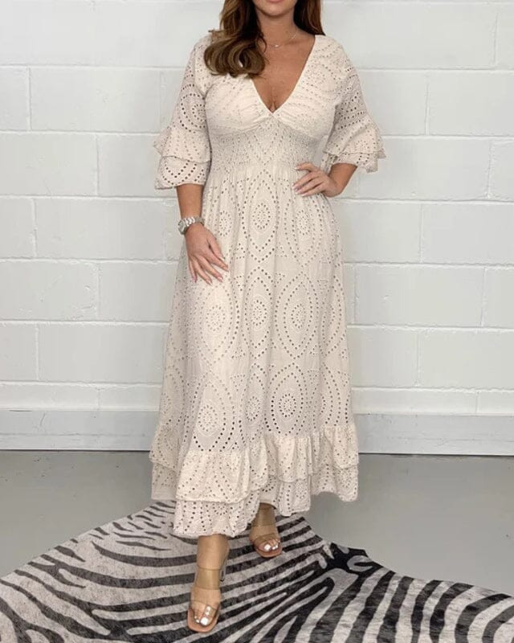 Midi Dress with Frilled Embroidered Sleeves