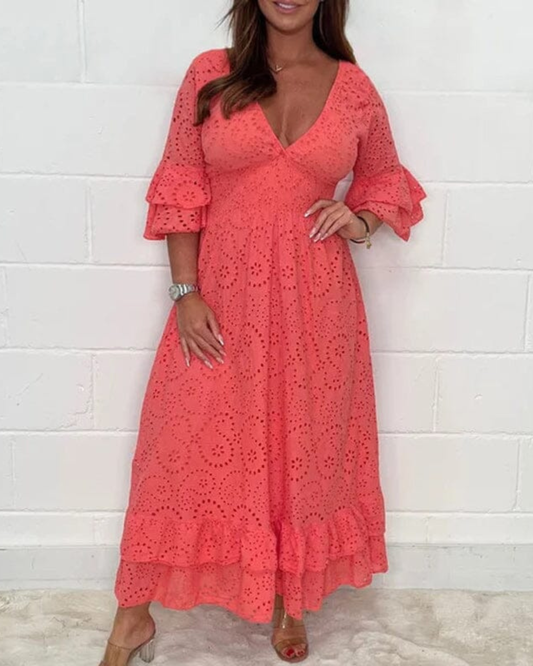Midi Dress with Frilled Embroidered Sleeves