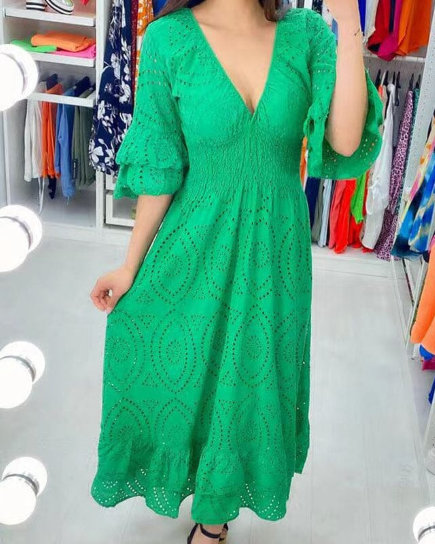 Midi Dress with Frilled Embroidered Sleeves