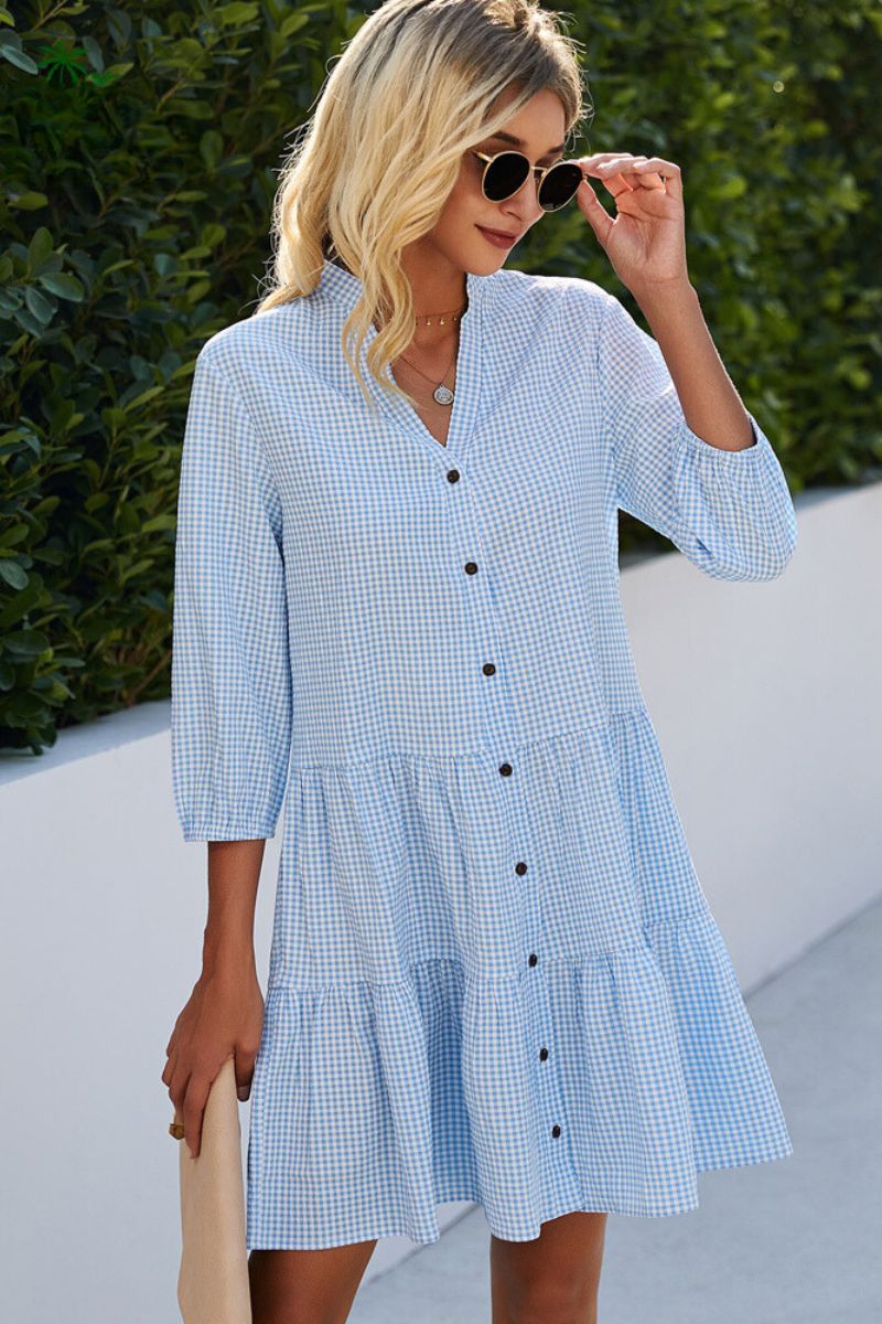 Checked Shirt Dress With Mao Collar
