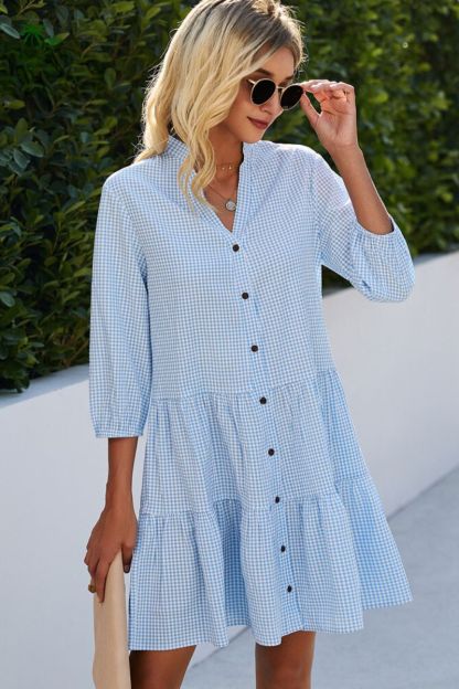 Checked Shirt Dress With Mao Collar
