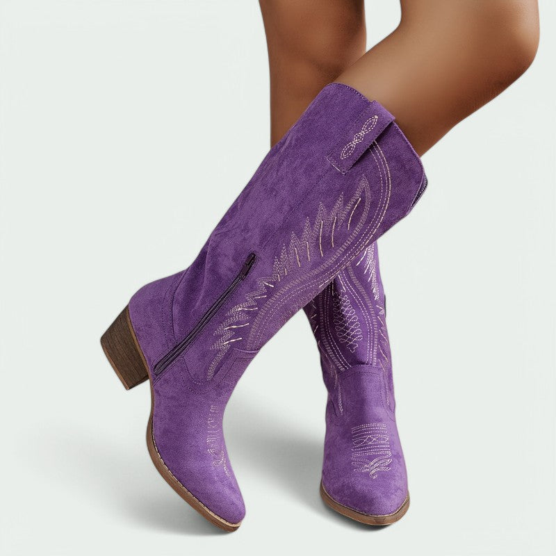 Embroidered Western Cowboy Boots with Low Heel (Women)