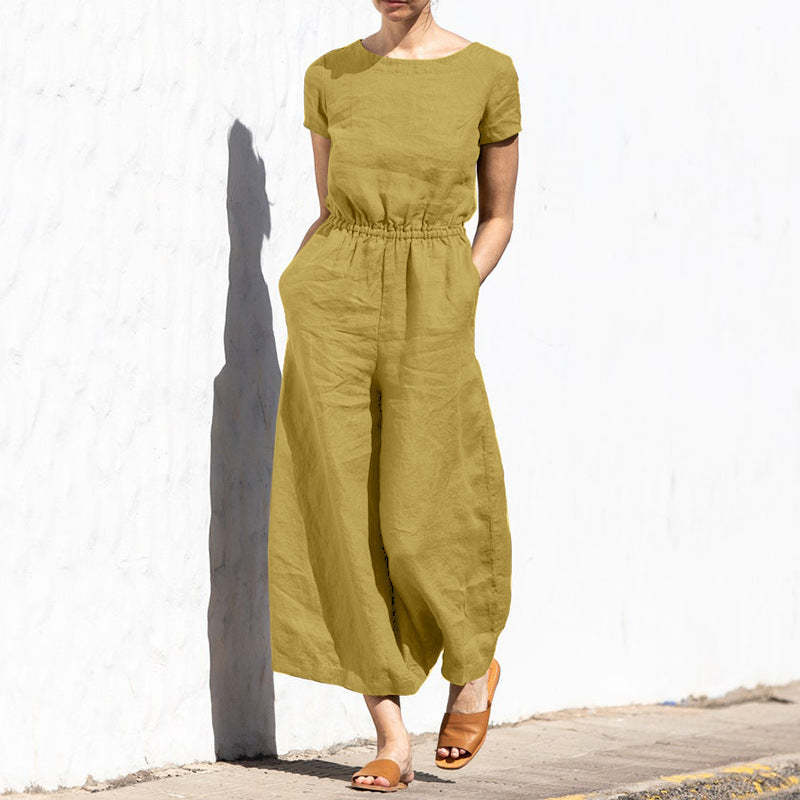 Plain Short Sleeve Linen Jumpsuit