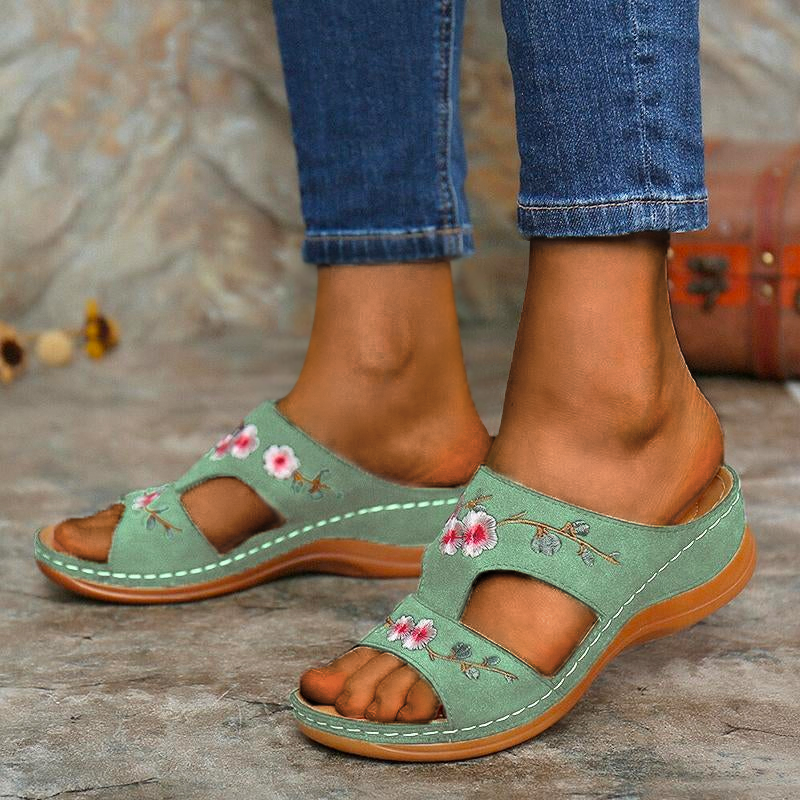Premium Flower Embroidered Arch Support Anti-Slip Wedges Sandal