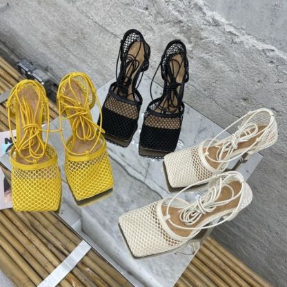 Square Toe Mesh High Heels Cross-tied Up Lace Sandals