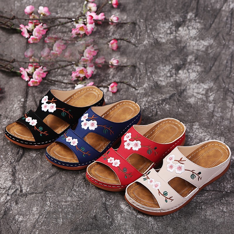 Premium Flower Embroidered Arch Support Anti-Slip Wedges Sandal