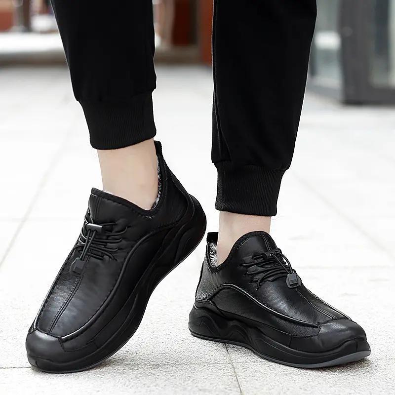 Men's Plush Lining Warm Elastic Lace Non Slip Casual Leather Shoes