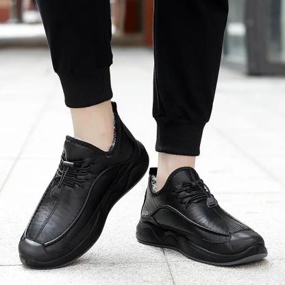 Men's Plush Lining Warm Elastic Lace Non Slip Casual Leather Shoes