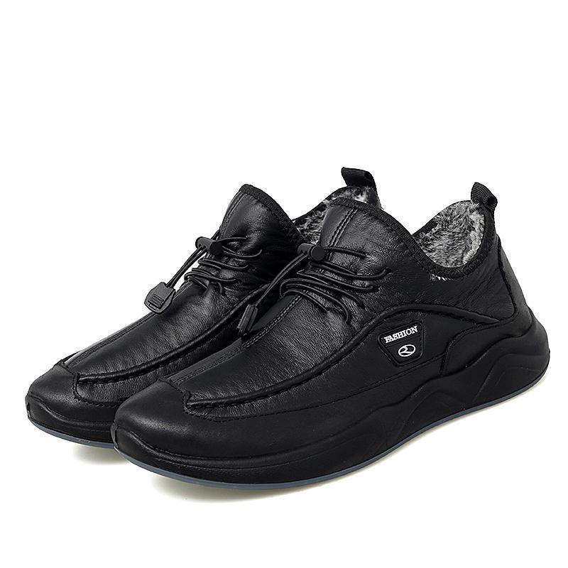 Men's Plush Lining Warm Elastic Lace Non Slip Casual Leather Shoes