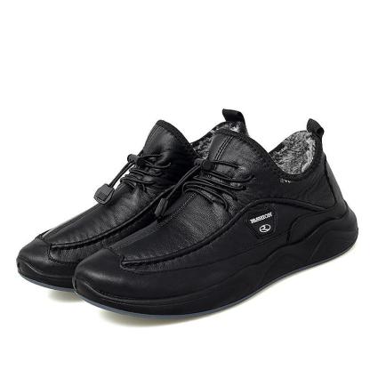 Men's Plush Lining Warm Elastic Lace Non Slip Casual Leather Shoes