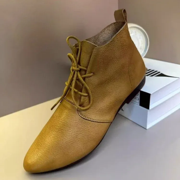 Oxfords For Women Lace Up Flat Sole Handmade Waxing Leather Ankle Boot