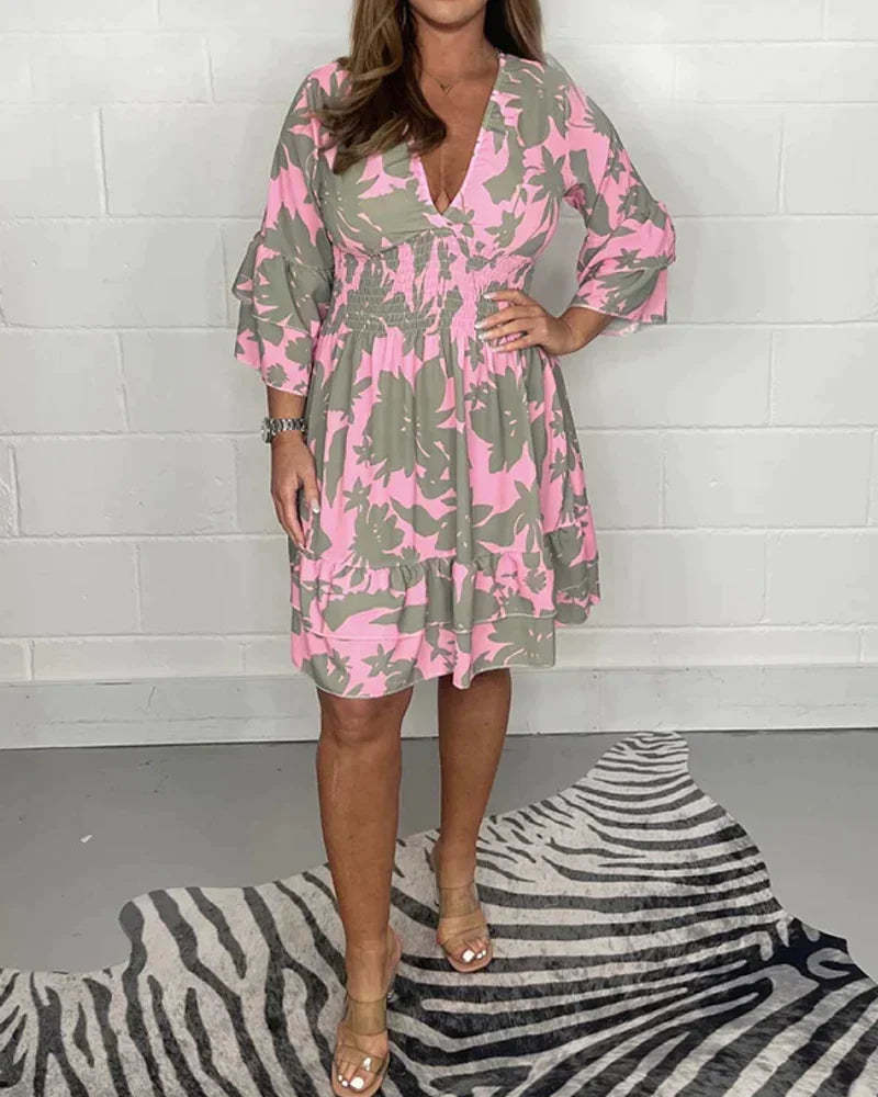 V-Neck Floral Pink Dress