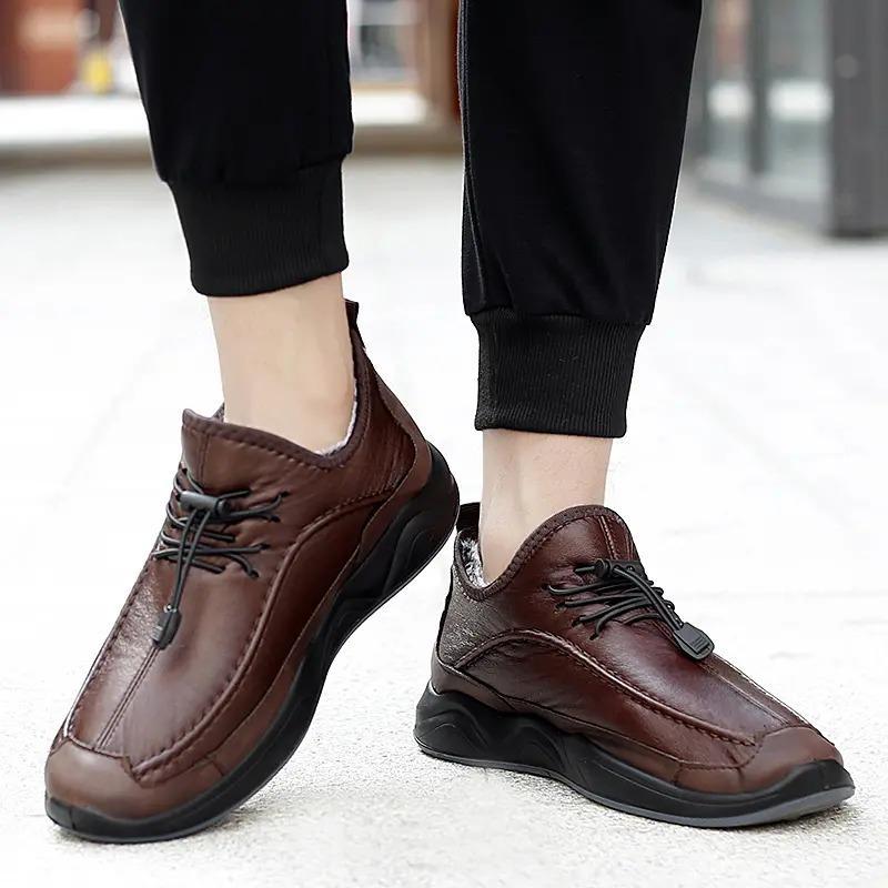 Men's Plush Lining Warm Elastic Lace Non Slip Casual Leather Shoes