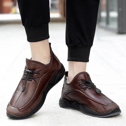 Men's Plush Lining Warm Elastic Lace Non Slip Casual Leather Shoes