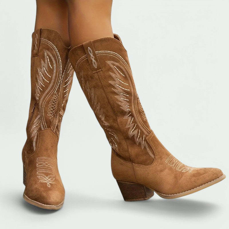 Embroidered Western Cowboy Boots with Low Heel (Women)
