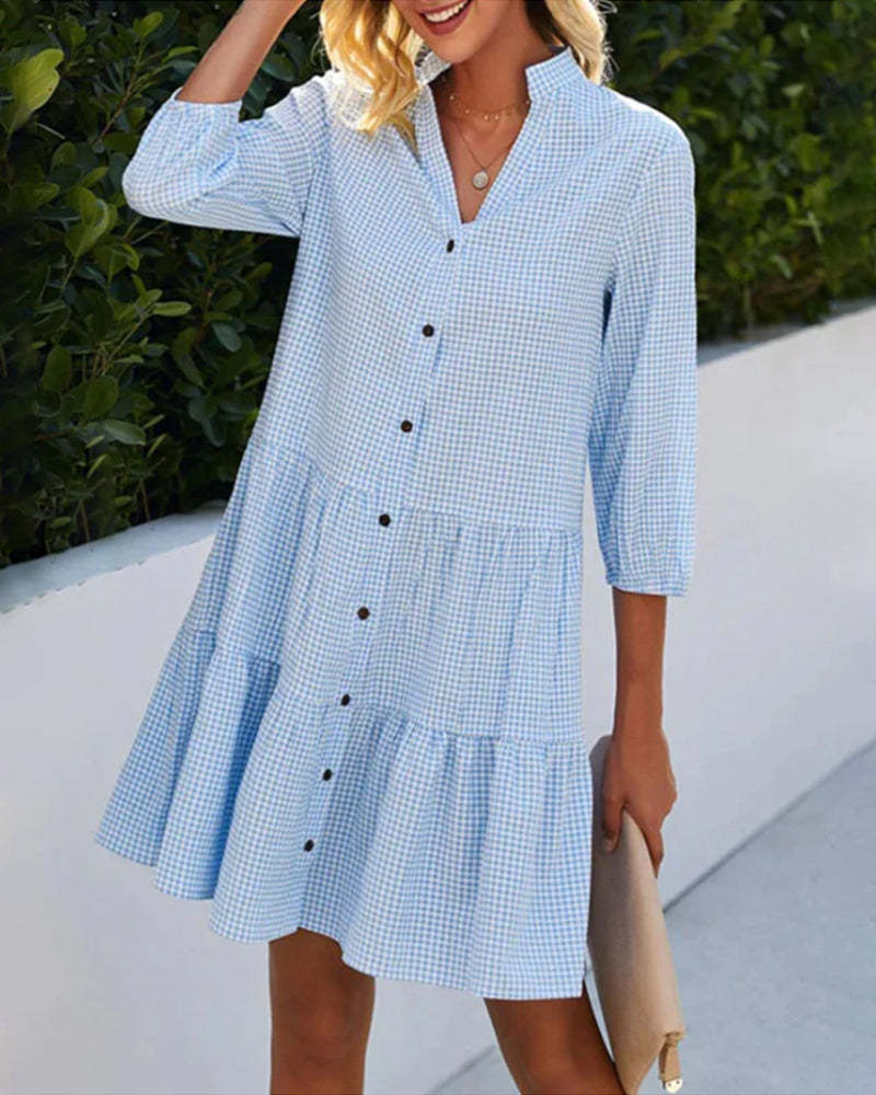 Elegant Checkered Tiered Shirt Dress