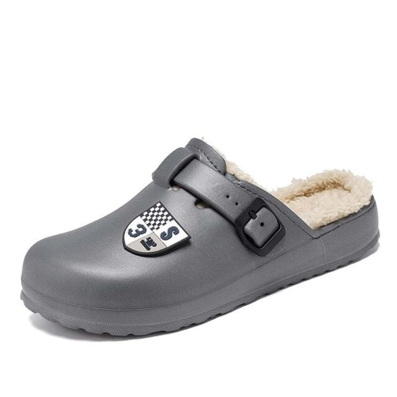 Men Fluffy Plush Slippers PU Winter Mule Clogs