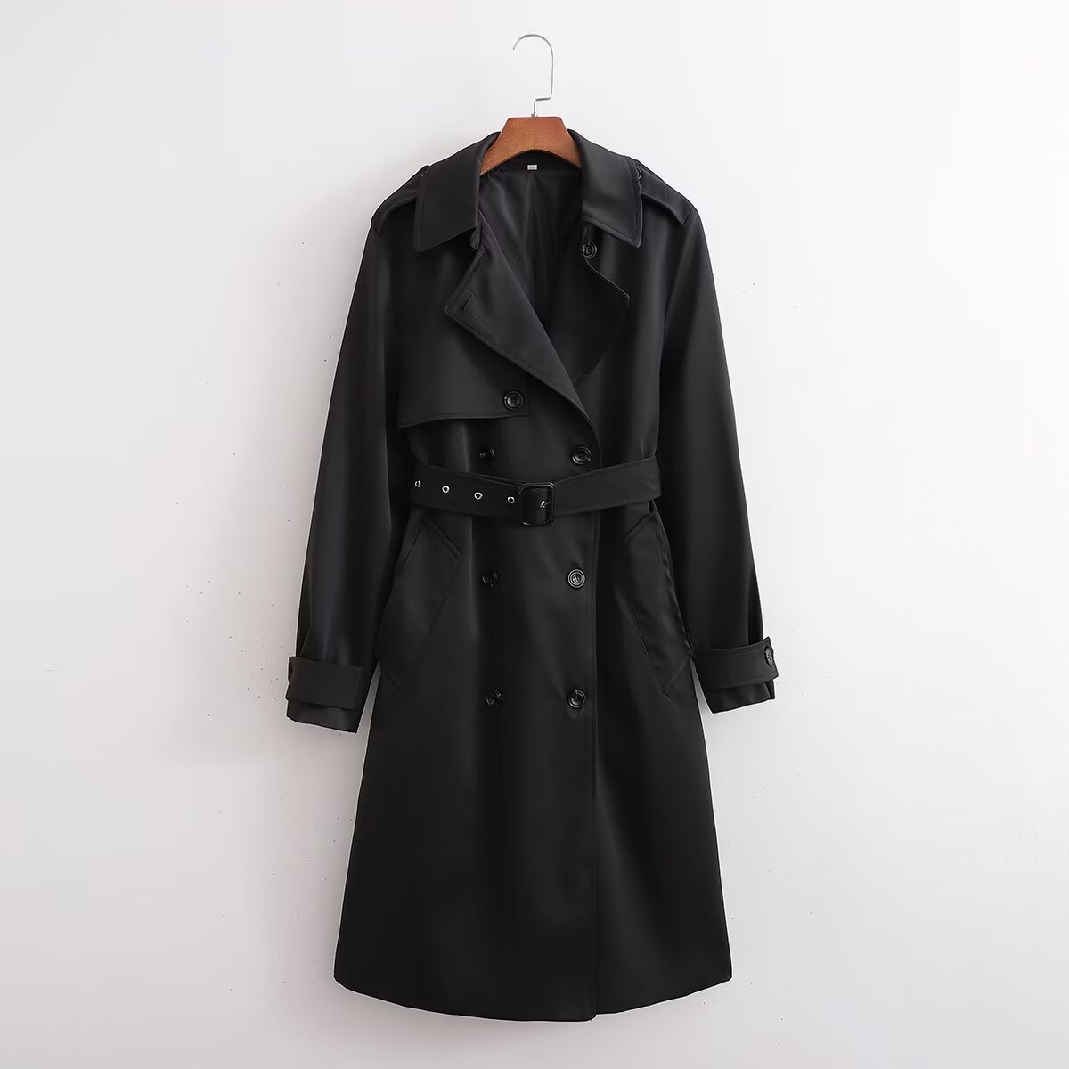 Women's Black Breasted Trench Coat