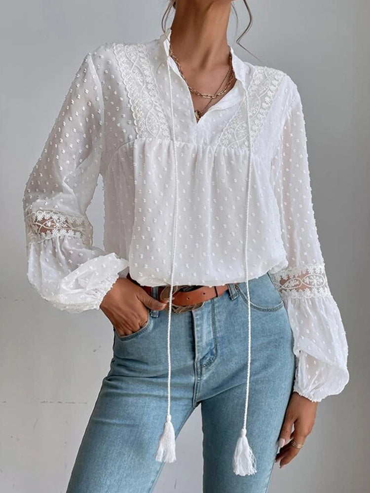 Lace blouse with long sleeves and V-neck