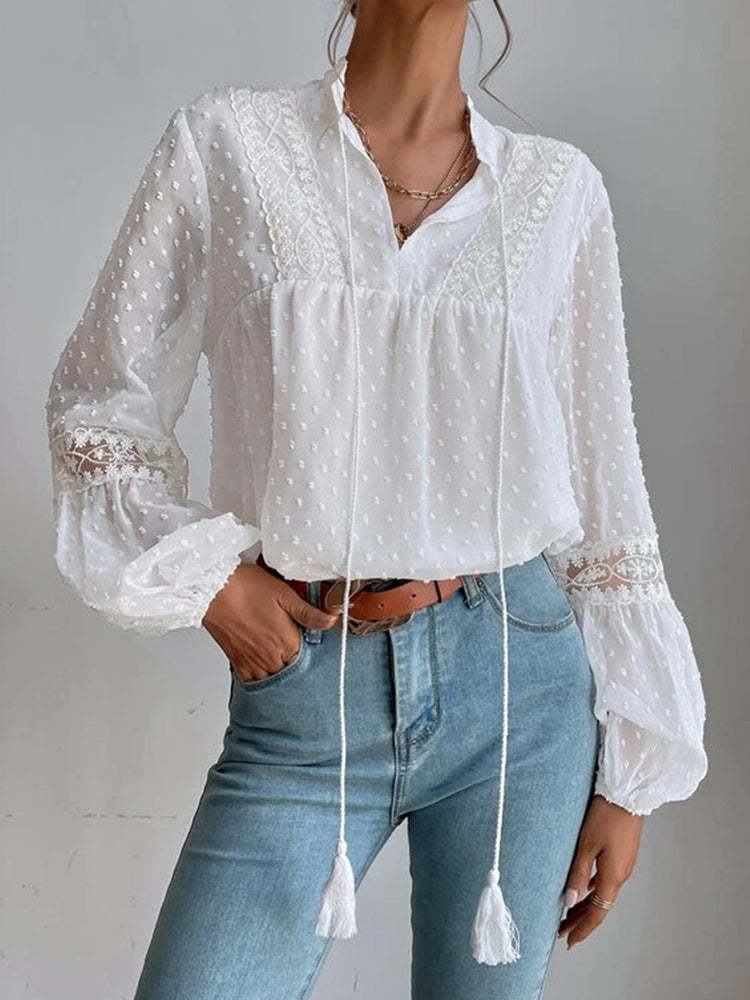 Lace blouse with long sleeves and V-neck